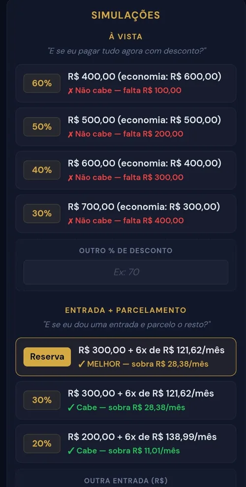 Tela Calculadora de Negociação do app