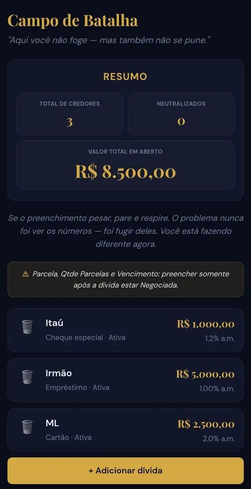 Tela Campo de Batalha do app — mapa das dívidas