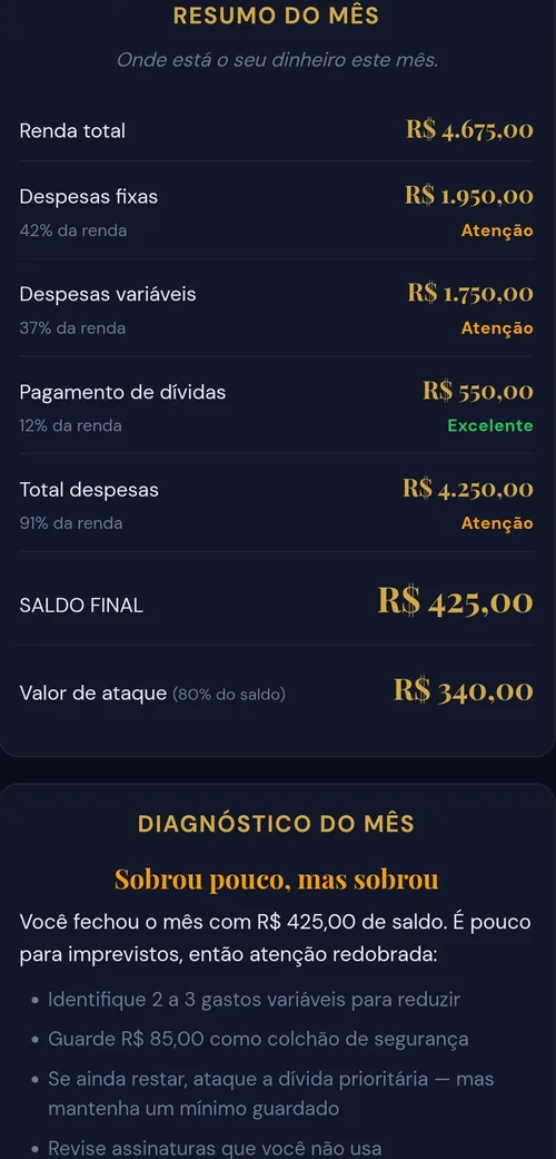 Tela Orçamento Mensal do app