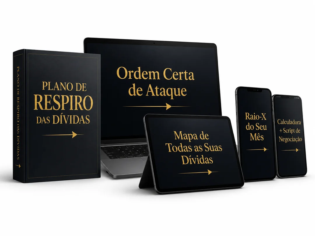 Tudo que você recebe no Plano de Respiro das Dívidas: o produto em caixa, notebook, tablet e celulares com cada ferramenta do app